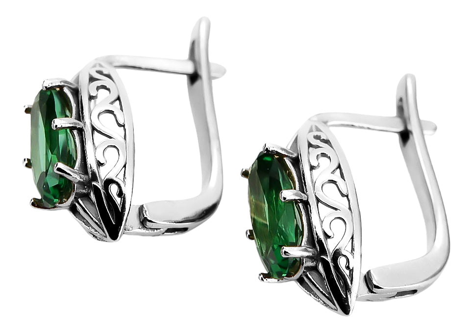 Vintage Emerald Earrings in Sterling Silver (vec141s-em) — side view showing the setting