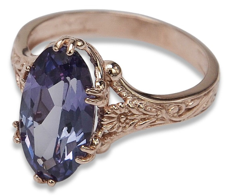 Vintage Alexandrite Ring in 14K Rose Gold (vrc084r-ax) — angled view catching the light