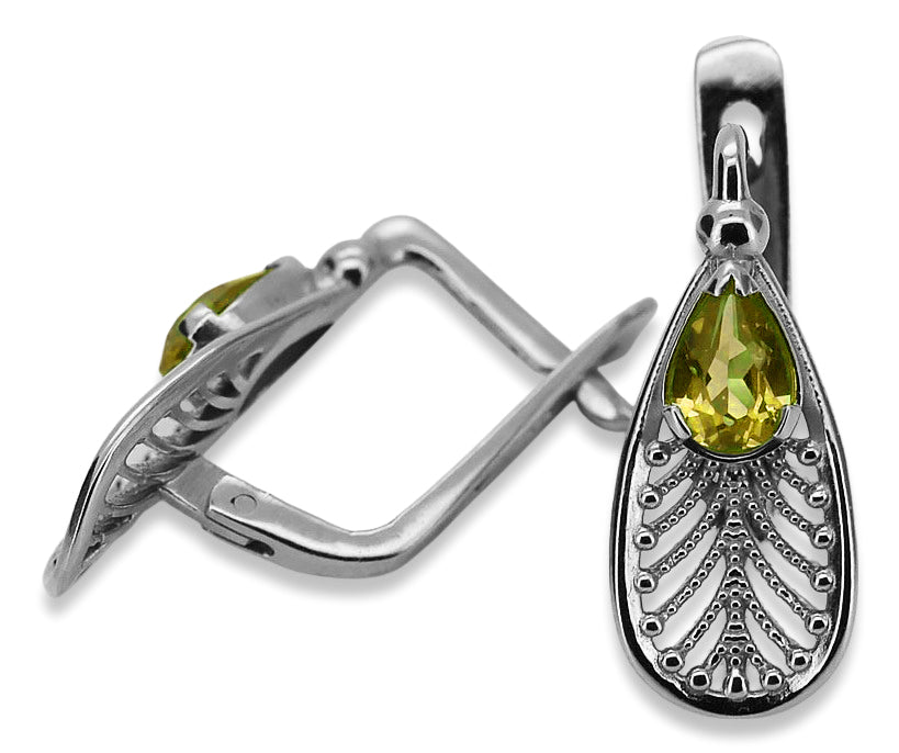 Vintage Yellow Peridot Earrings in Sterling Silver (vec067s-yp) — side view showing the setting