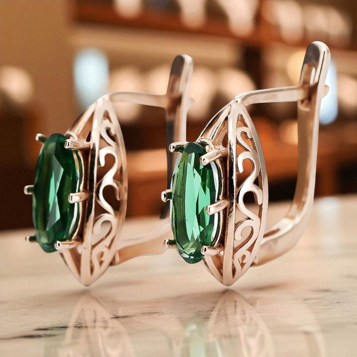 Vintage Emerald Oval Earrings in 14K Rose Gold (vec141r-em)