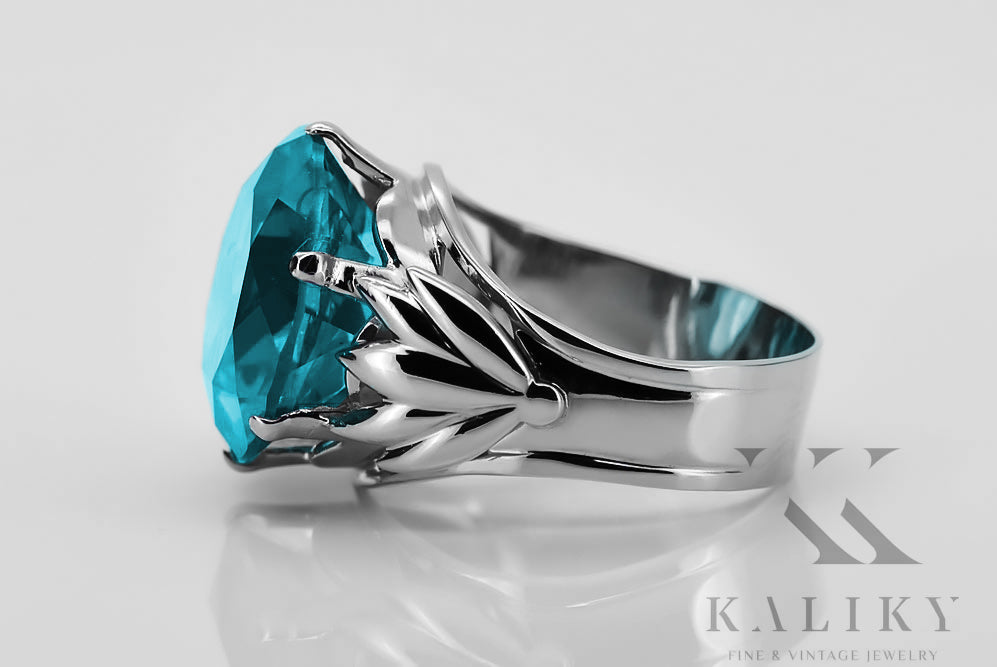 Vintage Aquamarine Ring in Sterling Silver (vrc029s-aq) — worn on the neckline, showing the drape