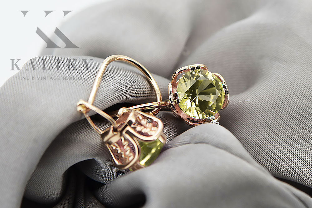 Vintage Yellow Peridot Earrings in 14K Rose Gold (vec029r-yp) — back view with the clasp