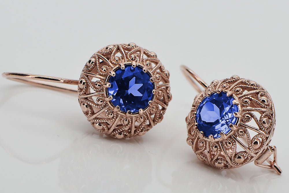 Vintage Sapphire Earrings in 14K Rose Gold (vec002r-sp) — close-up of the hallmark on the inner band