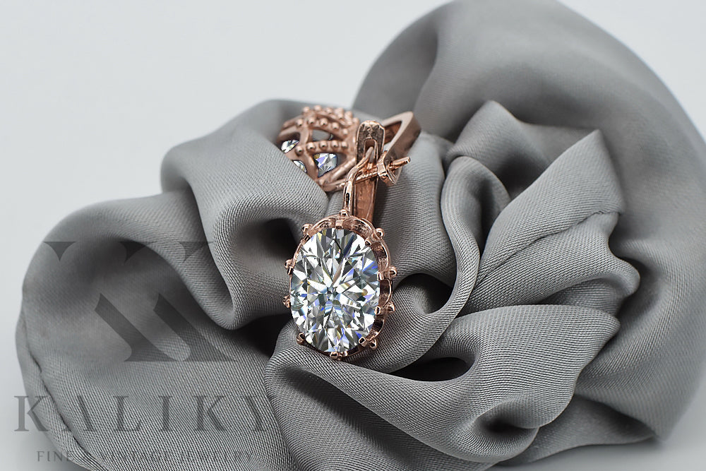 Vintage Zircon Earrings in 14K Rose Gold (vec079r-zi) — worn on the neckline, showing the drape