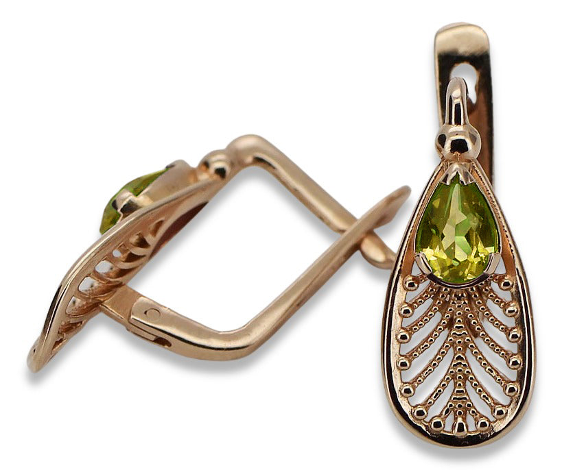 Vintage Yellow Peridot Earrings in 14K Rose Gold (vec067r-yp) — close-up of the stone and setting