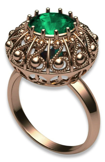 Vintage Emerald Round Womens Ring in 14K Rose Gold (vrc059r-em) — close-up of the stone and setting