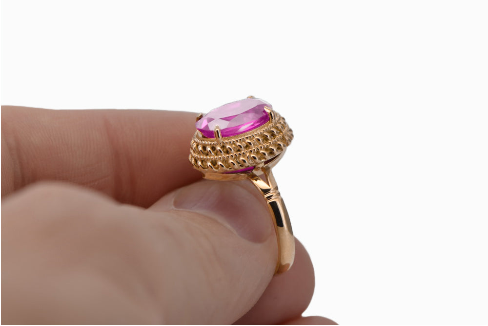 Vintage Amethyst Ring in 14K Rose Gold (vrc068r-am) — worn on the neckline, showing the drape