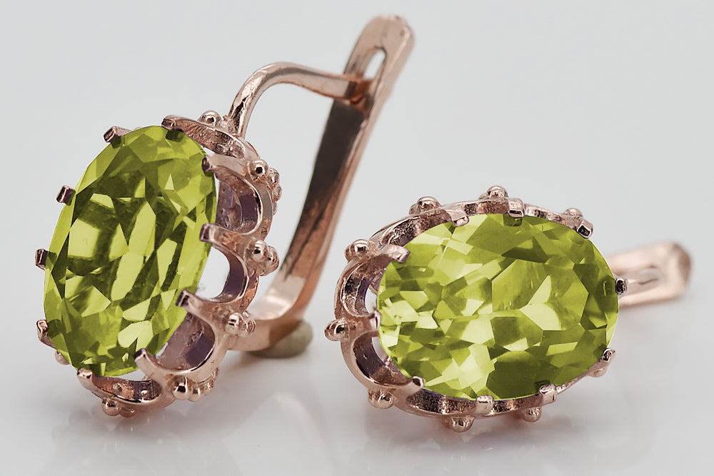 Vintage Yellow Peridot Earrings in 14K Rose Gold (vec079r-yp) — angled view catching the light