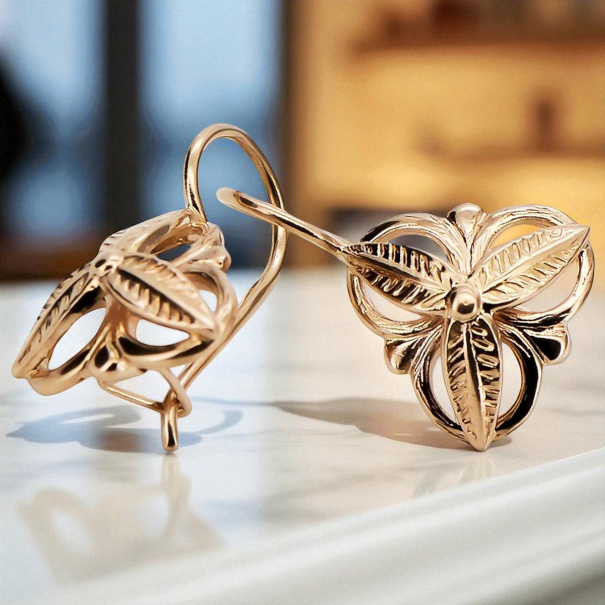 Vintage Leaf Earrings in 14K Rose Gold (ven064)