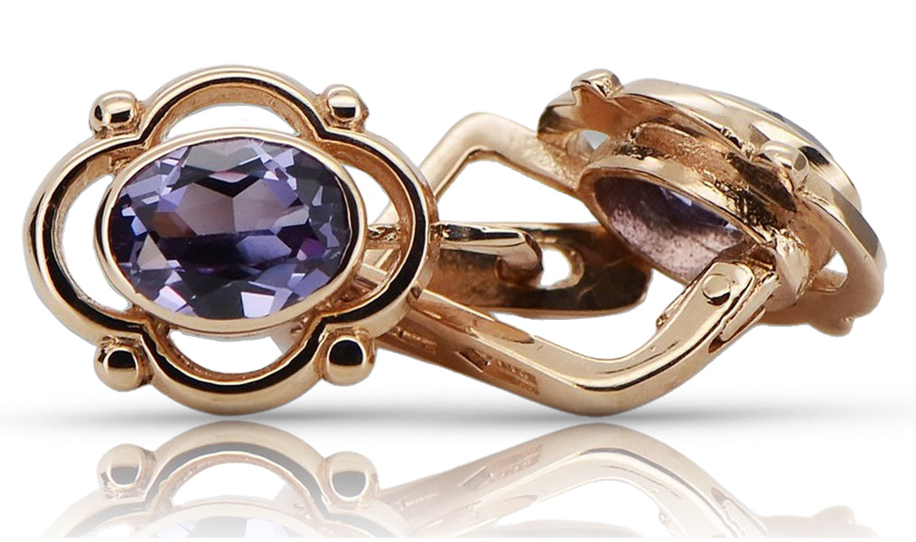 Vintage Alexandrite Earrings in 14K Rose Gold (vec033r-ax) — worn on the hand, showing profile