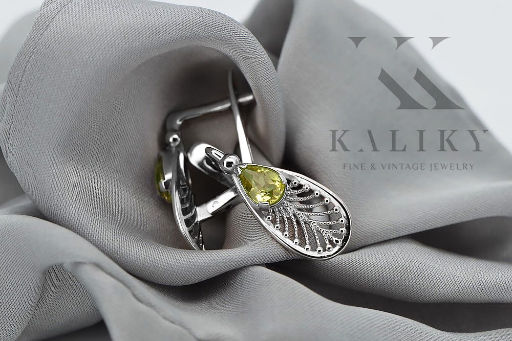 Vintage Yellow Peridot Earrings in Sterling Silver (vec067s-yp) — worn on the neckline, showing the drape