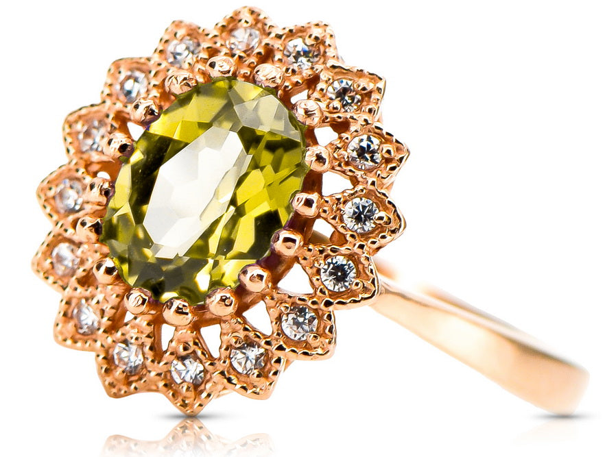 Vintage Yellow Peridot Ring in 14K Rose Gold (crc012r-yp) — close-up of the hallmark on the inner band