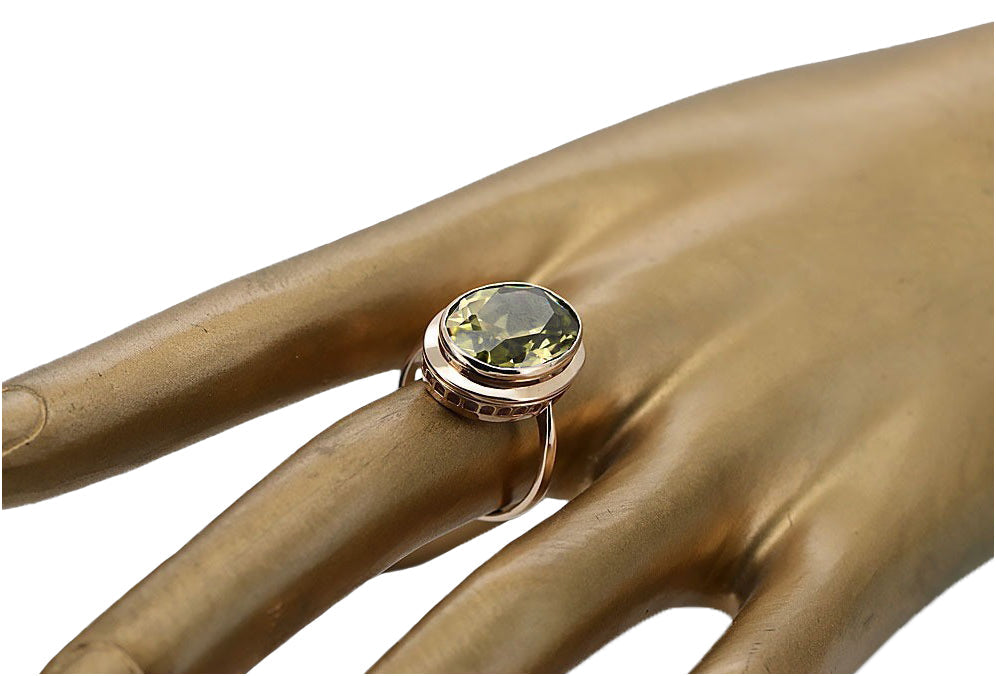 Vintage Yellow Peridot Ring in 14K Rose Gold (vrc285r-yp) — close-up of the hallmark on the inner band