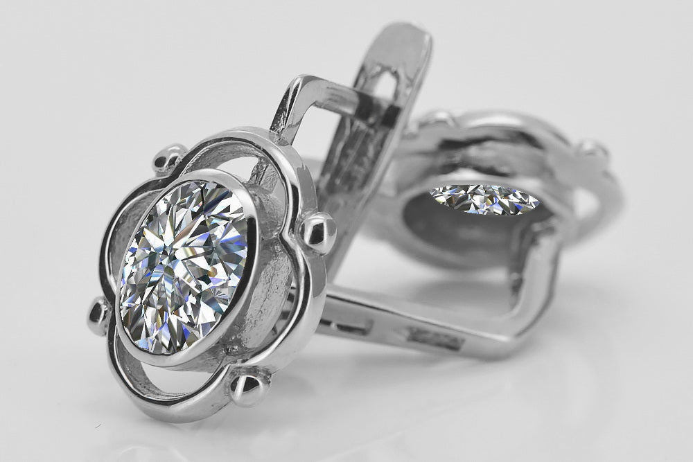 Vintage Zircon Earrings in Sterling Silver (vec033s-zi) — worn on the neckline, showing the drape