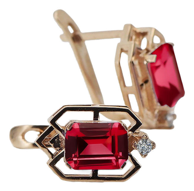 Vintage Ruby Diamonds Craft Earrings in 14K Rose Gold (vec020r-rb) — side view showing the setting