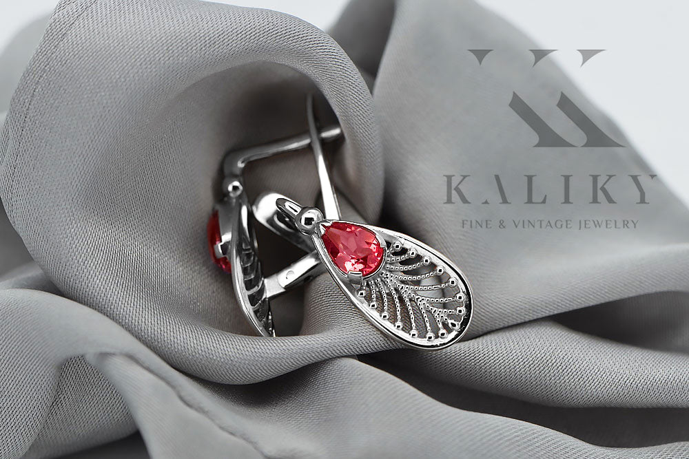 Vintage Ruby Earrings in Sterling Silver (vec067s-rb) — worn on the hand, showing profile