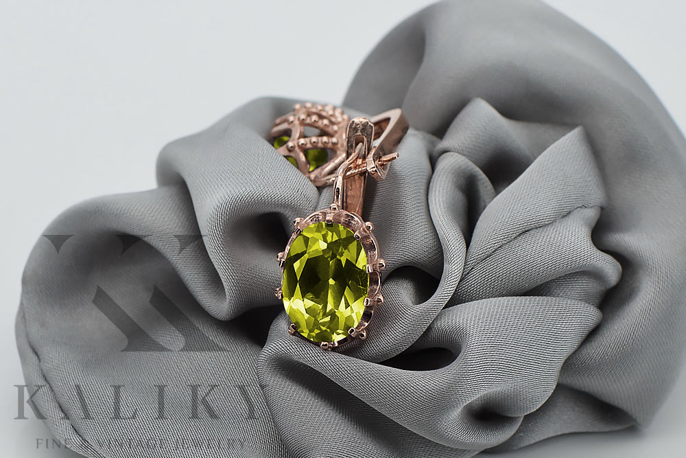 Vintage Yellow Peridot Earrings in 14K Rose Gold (vec079r-yp) — worn on the neckline, showing the drape