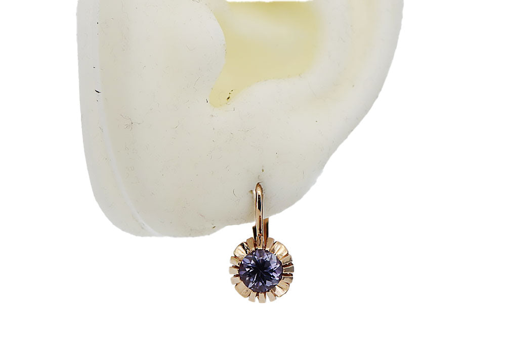 Vintage Alexandrite Earrings in 14K Rose Gold (vec027r-ax) — worn on the neckline, showing the drape