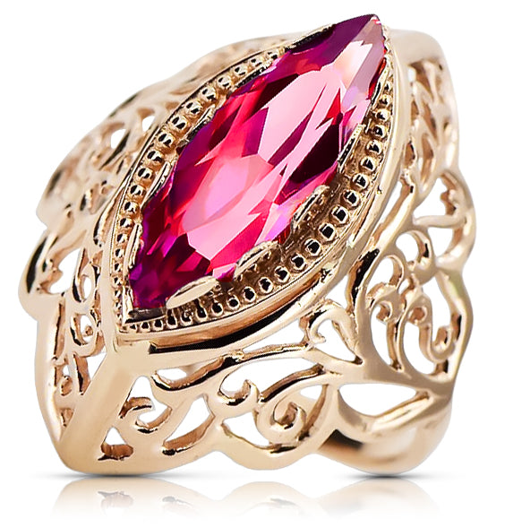 Vintage Ruby Ring in 14K Rose Gold (vrc017r-rb) — worn on the neckline, showing the drape