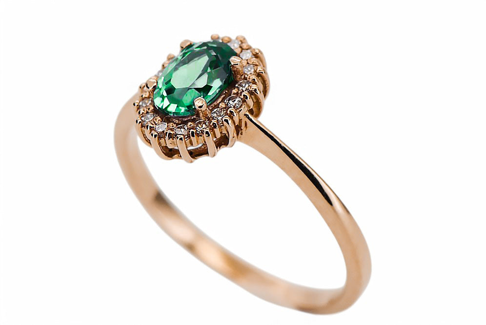 Vintage Emerald Craft Ring in 14K Rose Gold (crc009r-em) — worn on the neckline, showing the drape