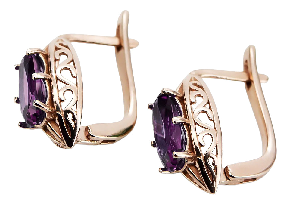 Vintage Amethyst Earrings in 14K Rose Gold (vec141r-am) — side view showing the setting