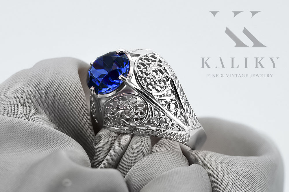 Vintage Sapphire Ring in Sterling Silver (vrc026s-sp) — close-up of the hallmark on the inner band