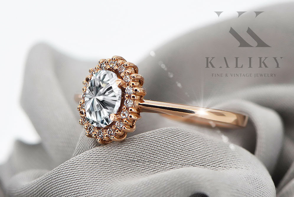 Vintage Zircon Ring in 14K Rose Gold (crc009r-zi) — worn on the neckline, showing the drape