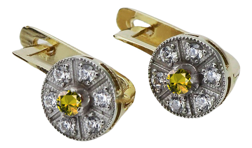 Vintage Yellow Peridot Earrings in 14K Yellow & White Gold (vec161yw-yp) — close-up of the hallmark on the inner band