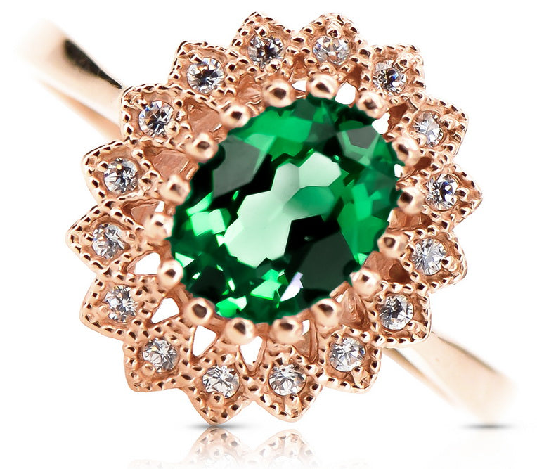 Vintage Emerald Ring in 14K Rose Gold (crc012r-em) — close-up of the stone and setting