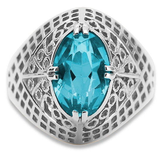Vintage Aquamarine Ring in Sterling Silver (vrc030s-aq) — worn on the neckline, showing the drape