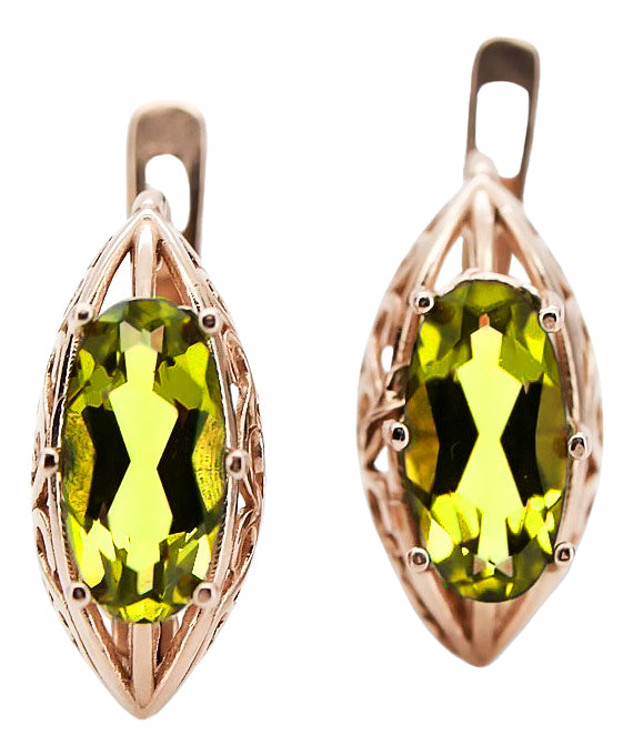 Vintage Yellow Peridot Earrings in 14K Rose Gold (vec141r-yp) — side view showing the setting
