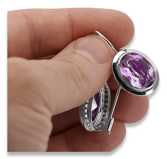 Vintage Amethyst Earrings in Sterling Silver (vec114s-am) — close-up of the stone and setting