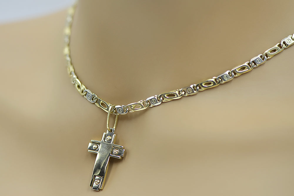Vintage Catholic Cross Pendant in 14K Yellow & White Gold (ctc031yw) — angled view catching the light