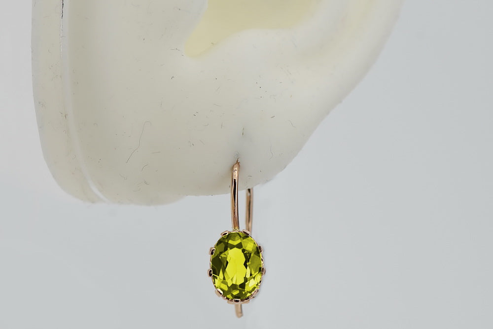 Vintage Yellow Peridot Earrings in 14K Rose Gold (vec196r-yp) — close-up of the stone and setting