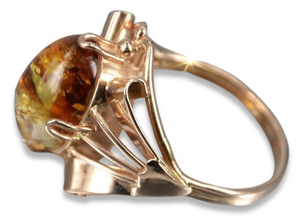 Vintage Amber Ring in 14K Rose Gold (vrab051) — side view showing the setting