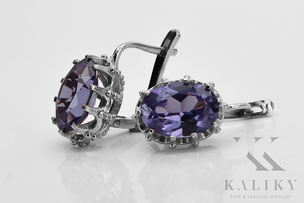 Vintage Alexandrite Oval Earrings in Sterling Silver (vec079s-ax) — worn on the neckline, showing the drape