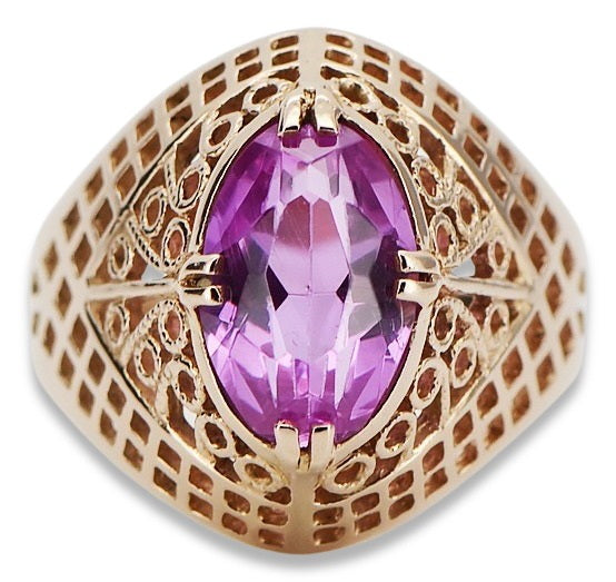 Vintage Amethyst Ring in 14K Rose Gold (vrc030r-am) — worn on the neckline, showing the drape