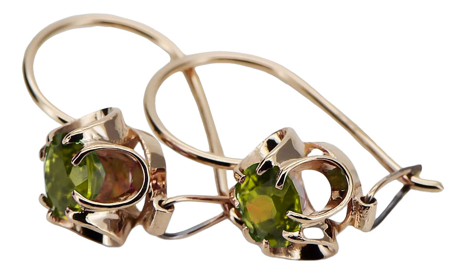 Vintage Yellow Peridot Earrings in 14K Rose Gold (vec035r-yp) — close-up of the stone and setting
