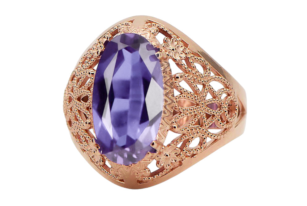 Vintage Alexandrite Ring in 14K Rose Gold (vrc074r-ax) — worn on the neckline, showing the drape