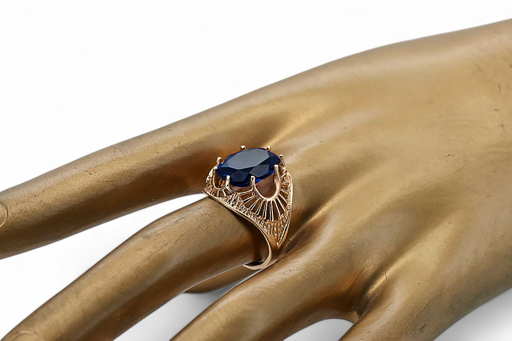 Vintage Sapphire Ring in 14K Rose Gold (vrc003r-sp) — worn on the neckline, showing the drape
