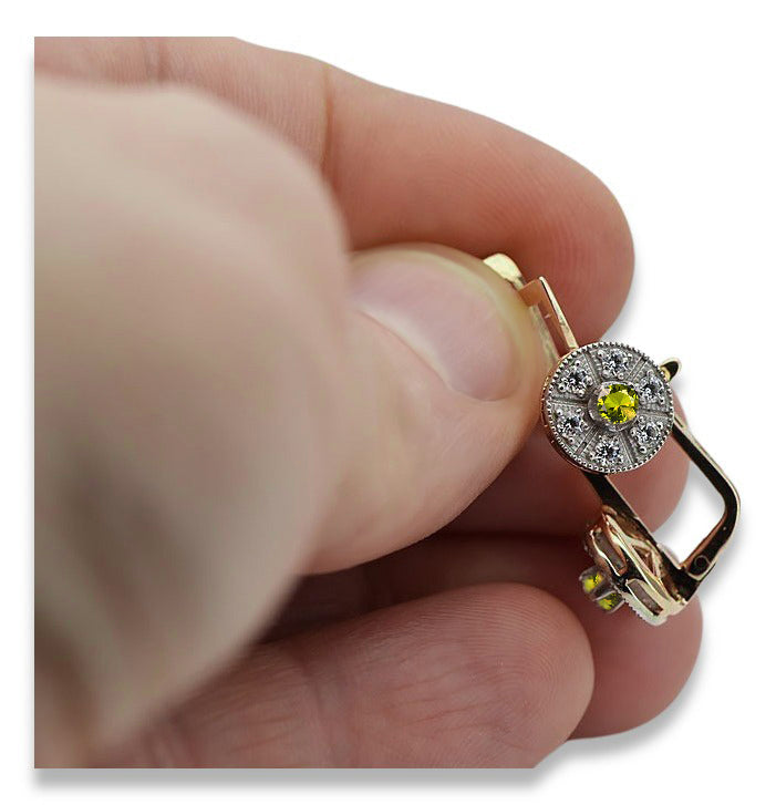 Vintage Yellow Peridot Earrings in 14K Yellow & White Gold (vec161yw-yp) — side view showing the setting