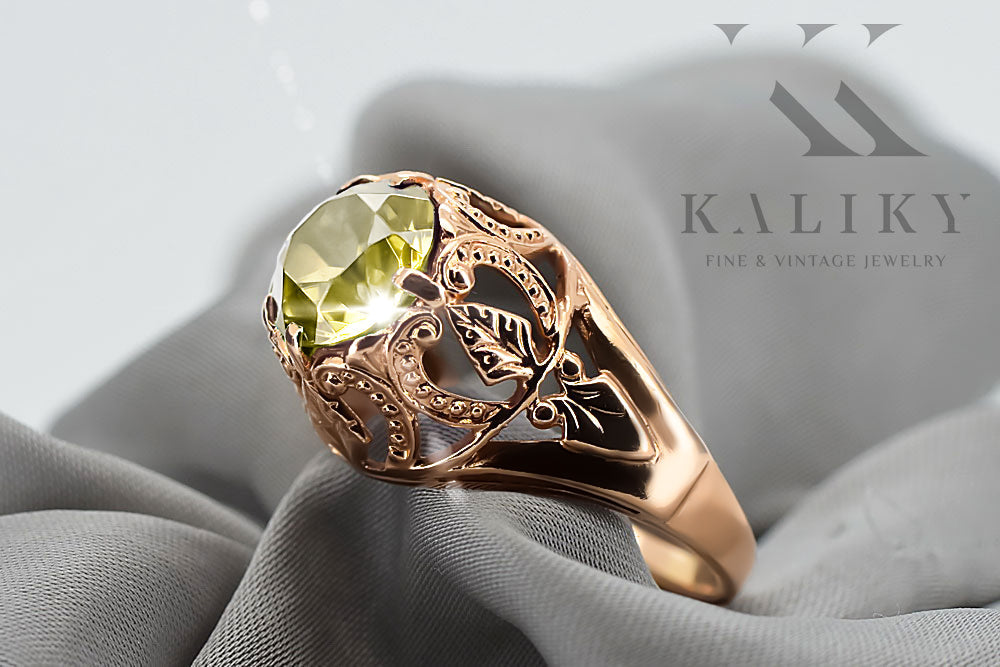 Vintage Yellow Peridot Ring in 14K Rose Gold (vrc080r-yp) — worn on the neckline, showing the drape