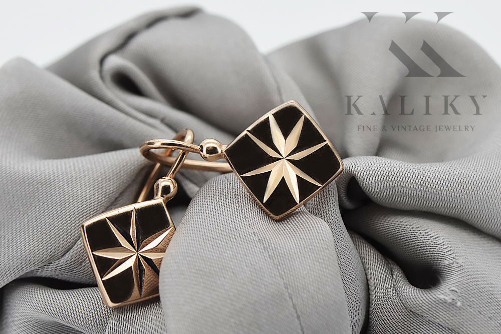 Vintage Square Earrings in 14K Rose Gold (ven049) — close-up of the stone and setting
