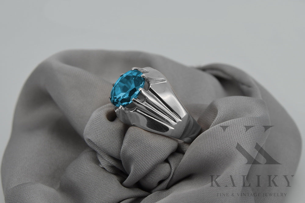 Vintage Aquamarine Ring in Sterling Silver (vrc016s-aq) — worn on the neckline, showing the drape