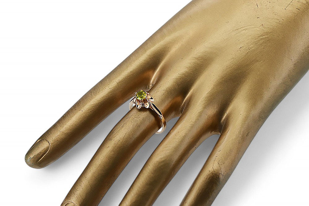 Vintage Yellow Peridot Ring in 14K Rose Gold (vrc004r-yp) — worn on the neckline, showing the drape