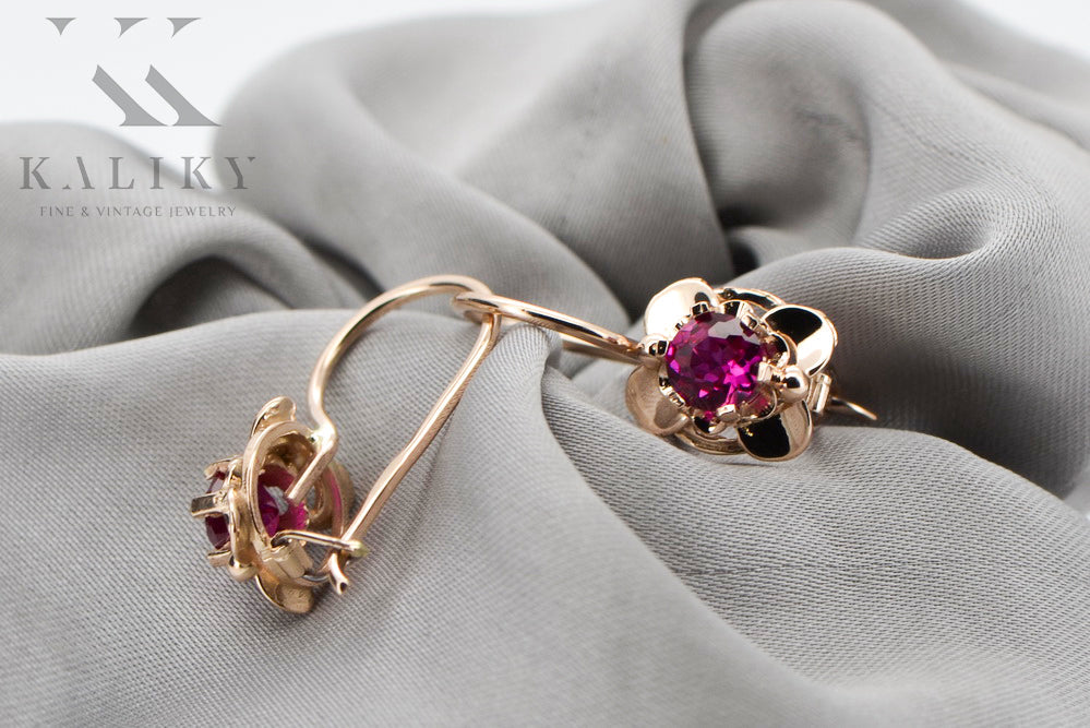 Vintage Ruby Earrings in 14K Rose Gold (vec116r-rb) — worn on the hand, showing profile