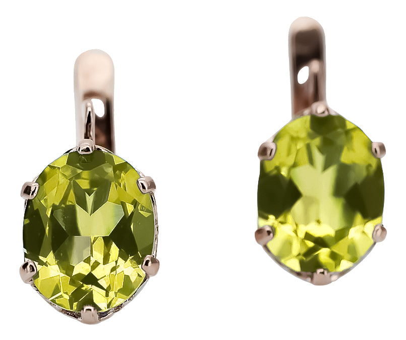 Vintage Yellow Peridot Earrings in 14K Rose Gold (vec003r-yp) — worn on the neckline, showing the drape