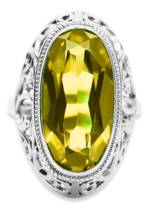 Vintage Peridot Ring in Sterling Silver (vrc184s-yp) — worn on the neckline, showing the drape