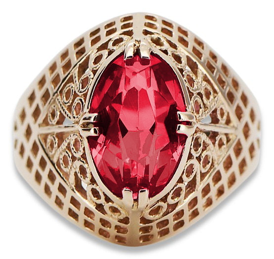 Vintage Ruby Ring in 14K Rose Gold (vrc030r-rb) — worn on the neckline, showing the drape