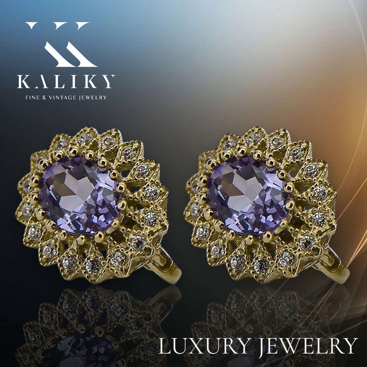 Vintage Alexandrite Earrings in 14K Yellow Gold (vec125y-ax) — side view showing the setting